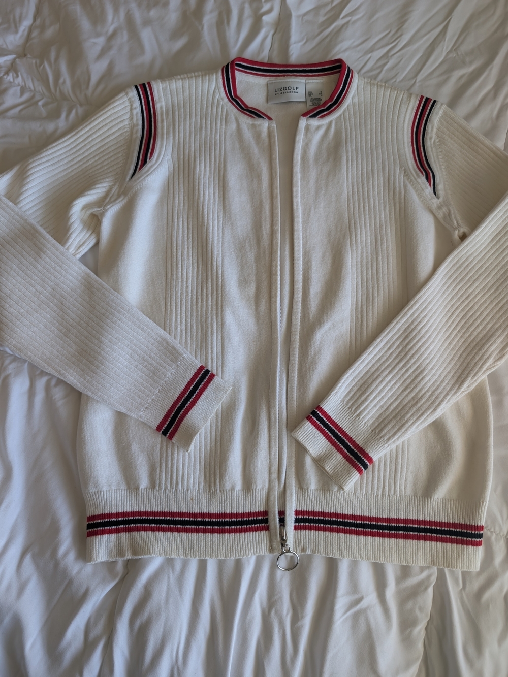Vintage 90s LizGolf Liz Claiborne White Zip Front Cardigan Sweater Jacket Small